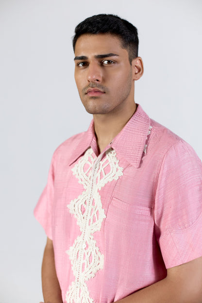 Teen Tassar Crocheted Shirt -Pink