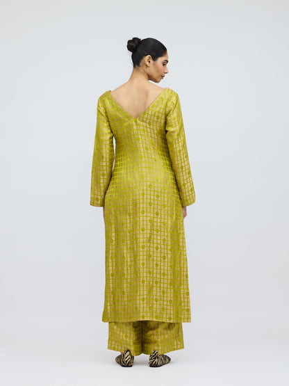 Chartreuse Grid Silk Brocade Kurta Set