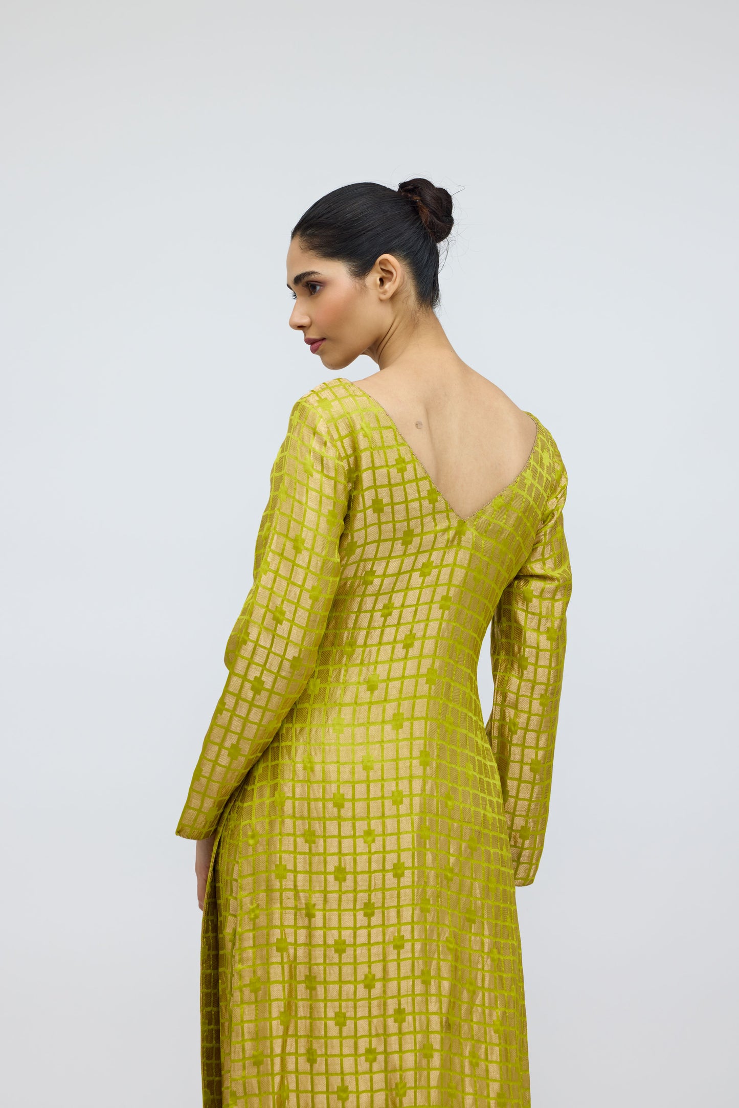 Chartreuse Grid Silk Brocade Kurta Set