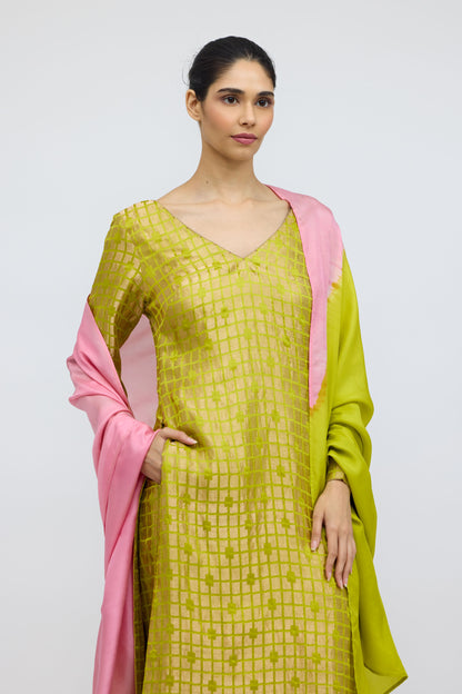 Chartreuse Grid Silk Brocade Kurta Set