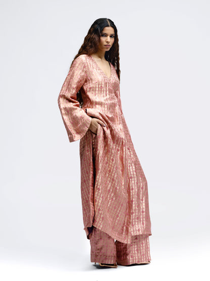 Grid Onion Pink Silk Brocade Angrakha Kurta Set