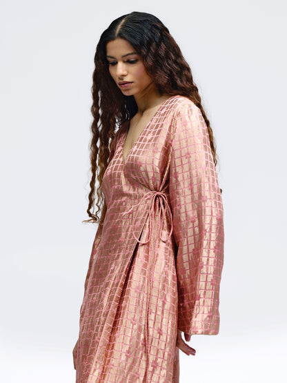 Grid Onion Pink Silk Brocade Angrakha Kurta Set