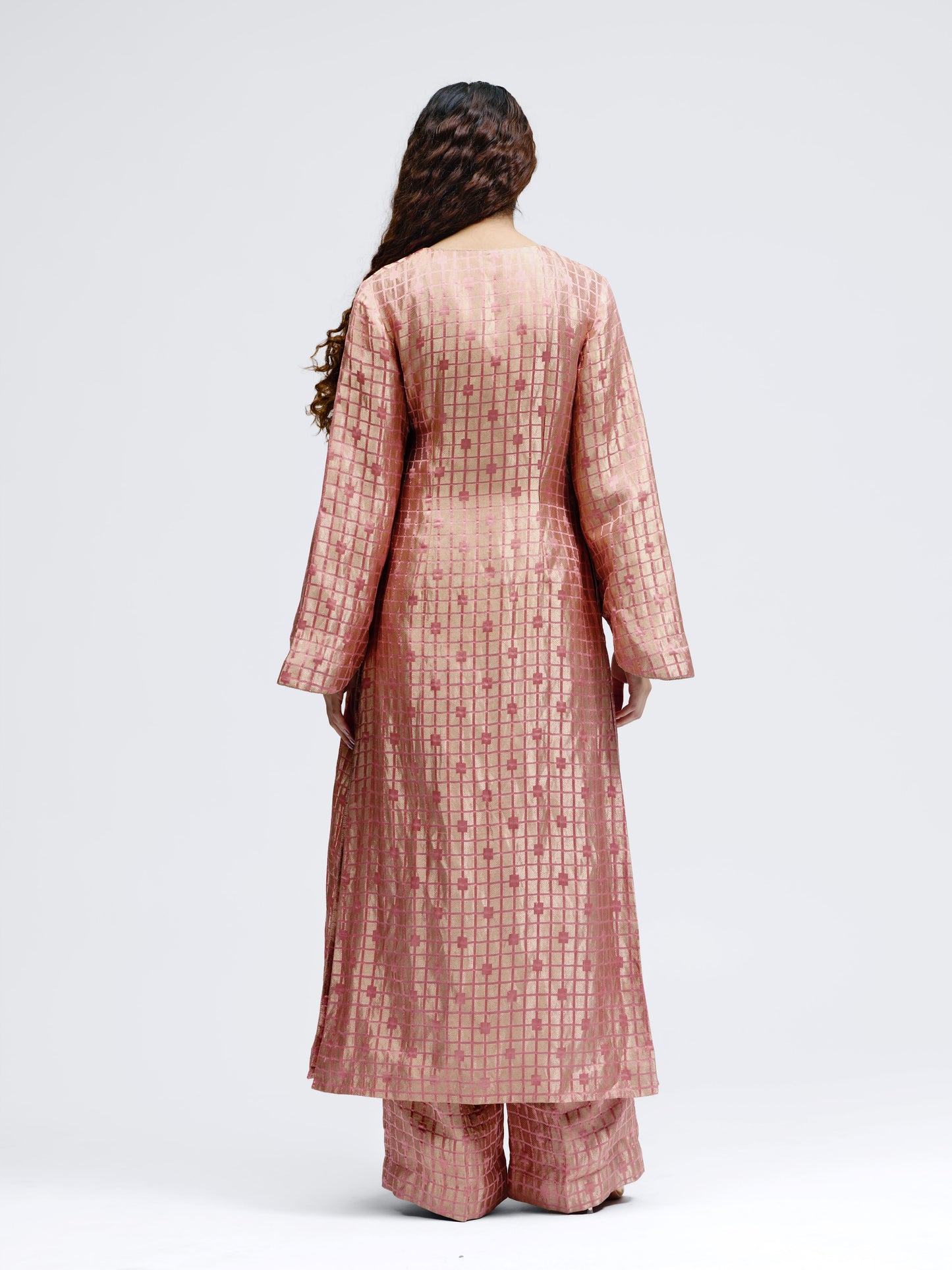 Grid Onion Pink Silk Brocade Angrakha Kurta Set