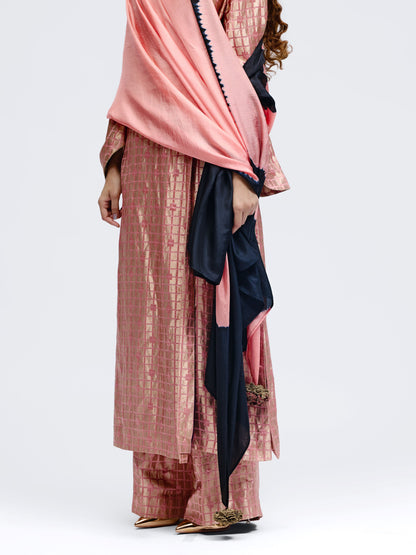 Grid Onion Pink Silk Brocade Angrakha Kurta Set