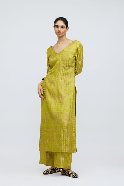 Chartreuse Grid Silk Brocade Kurta Set