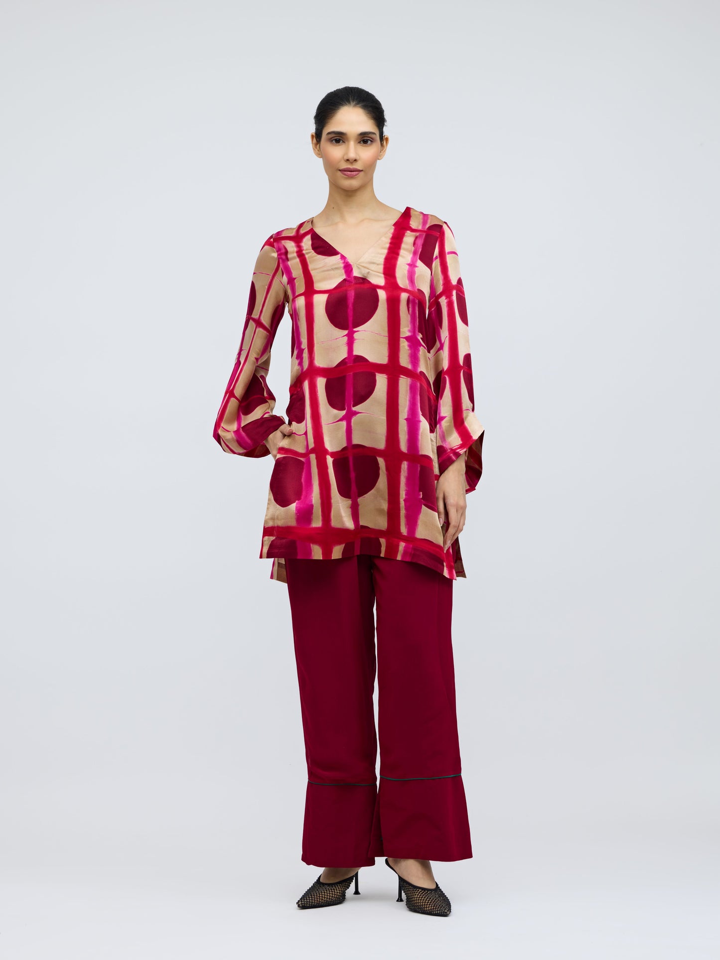 Bijlee Rose Resist Dyed Silk Top & Georgette Trousers Set
