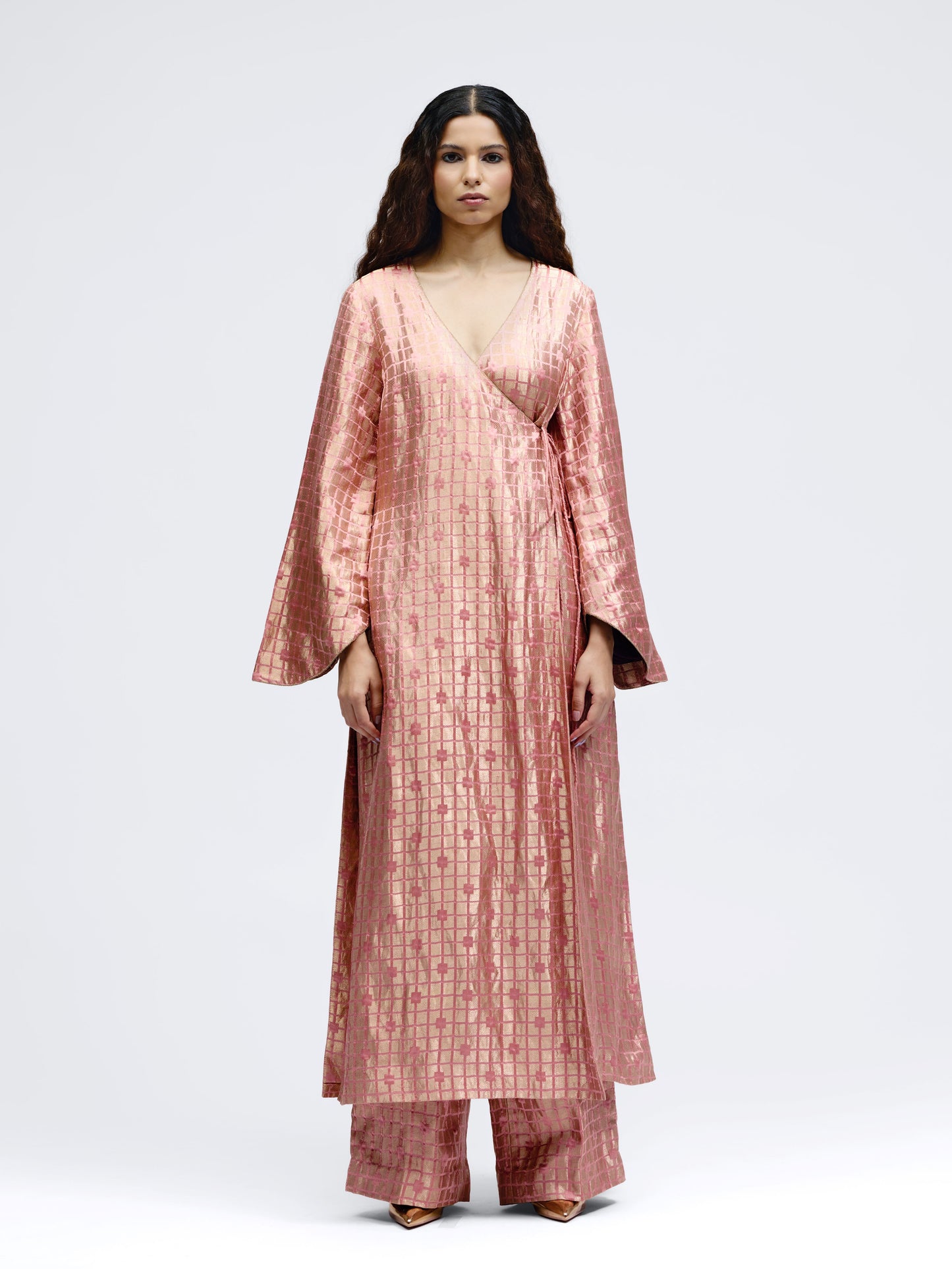 Grid Onion Pink Silk Brocade Angrakha Kurta Set